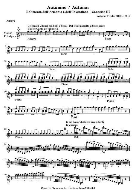 Осень (Concerto No. 3 Lautunno) Solo violin - Скрипка - Партитура -  Канторион, Партитура бесплатно