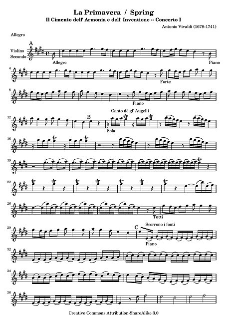Concerto No. 1 primavera" Violin 2 - Violino - Partituras - Cantorion - Partituras grátis