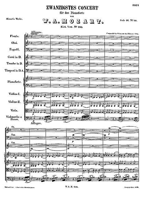 Piano Concerto No. 20 Full score - Piano, Orquesta Partituras - Cantorion - Partituras grátis