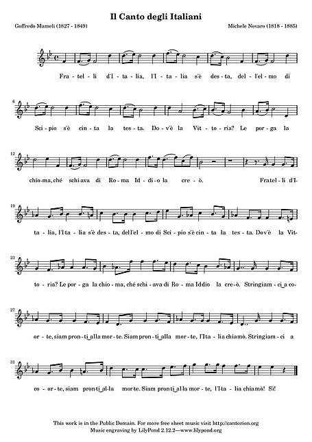 The Song of the Italians Il Canto degli Italiani Voice Sheet