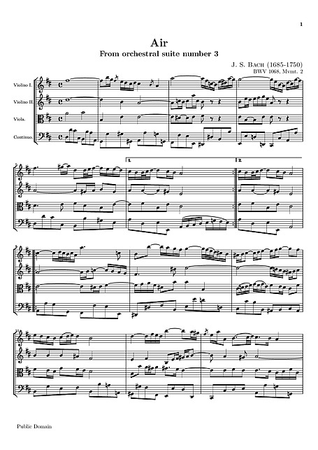 Orchestral Suite (Overture) No. 3 Air on a G string (string quartet) -  Quatuor à cordes, Continuo - Partitions - Cantorion, partitions gratuites  et des annonces de concerts