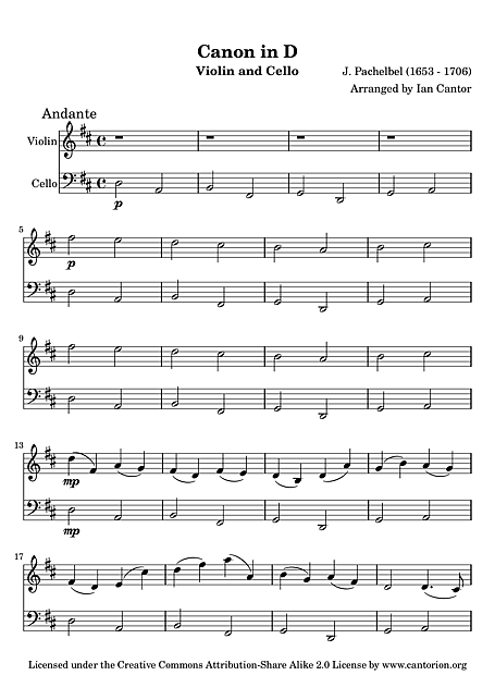 Canon en re (Canon in D) - Violín, Violonchelo - Partituras - Cantorion, partituras y páginas musicales gratis