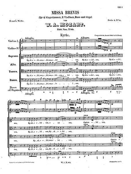 Orchester und Orgel KV 275 272b Klavierauszug Missa brevis in B für Soli Chor 