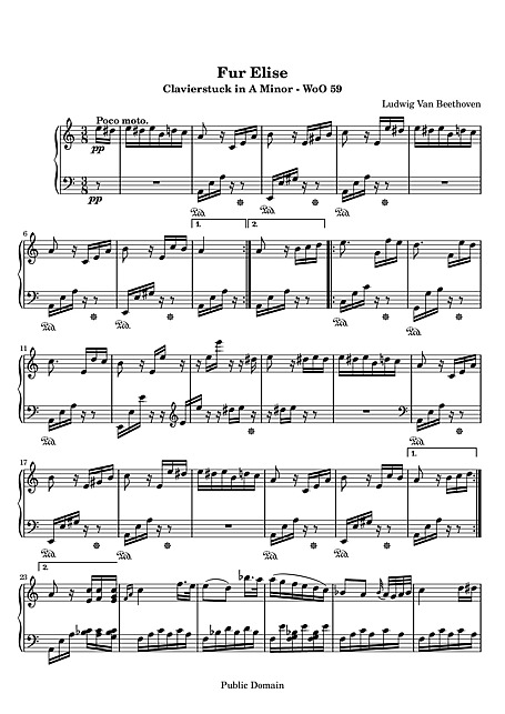 Free Fur Elise Sheet Music for piano by Beethoven - High-Quality