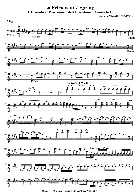 Spring (Concerto No. 1 "La primavera") Violin 1 - - Sheet music - - Free music, free scores