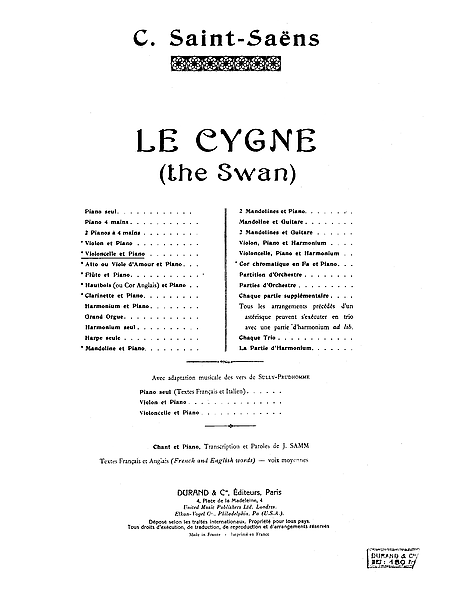 O Carnaval dos Animais (Carnival of the Animals) 13. Le Cygne - Piano,  Violino - Partituras - Cantorion - Partituras grátis